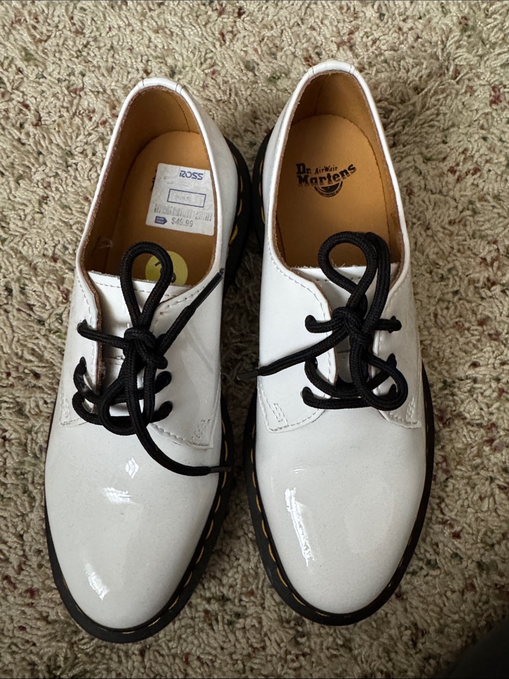 Dr. Martens White Patent 3-Eye Lace-Up Oxfords with Black Laces